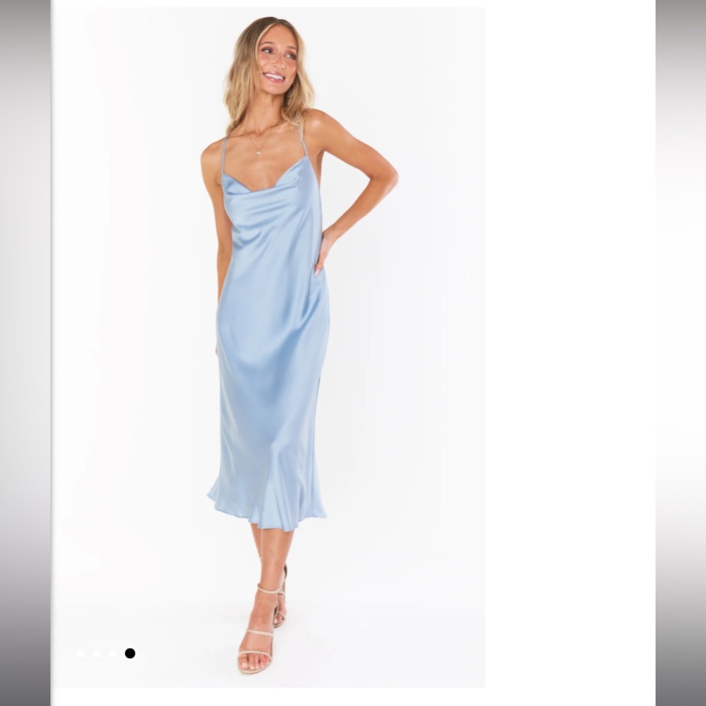NWT Show Me Your Mumu Verona Cowl Dress in Steel Blue Luxe Satin SMALL with tags